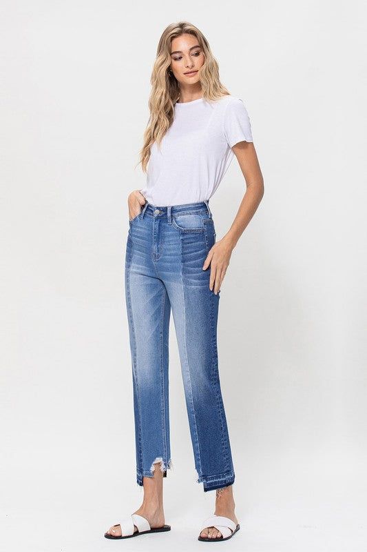 Flying Monkey | Super High Rise Crop Straight Jeans W Contrast And Uneve