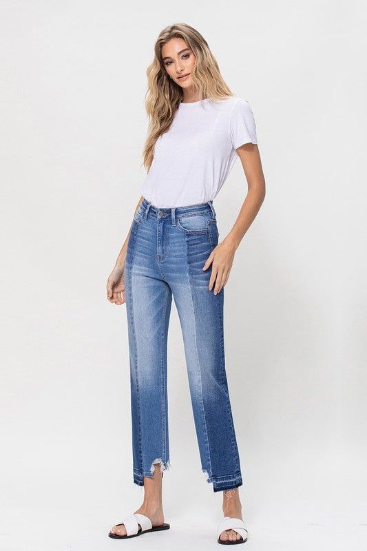 Flying Monkey | Super High Rise Crop Straight Jeans W Contrast And Uneve