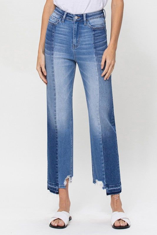 Flying Monkey | Super High Rise Crop Straight Jeans W Contrast And Uneve