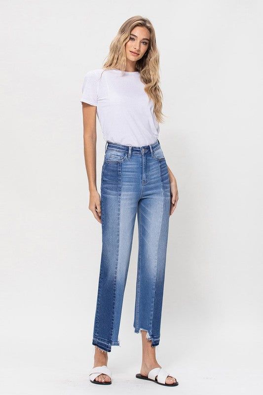 Flying Monkey | Super High Rise Crop Straight Jeans W Contrast And Uneve