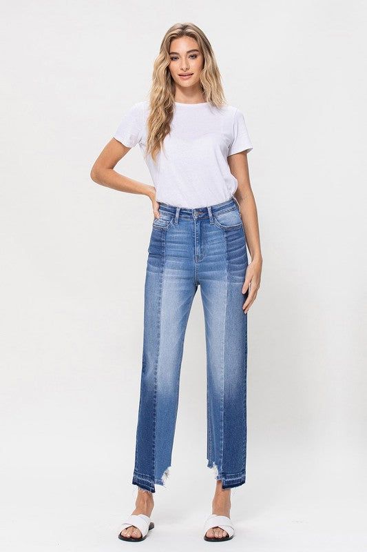 Flying Monkey | Super High Rise Crop Straight Jeans W Contrast And Uneve