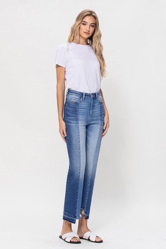 Flying Monkey | Super High Rise Crop Straight Jeans W Contrast And Uneve