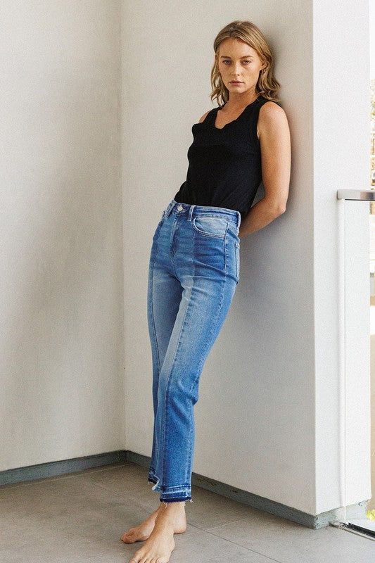 Flying Monkey | Super High Rise Crop Straight Jeans W Contrast And Uneve