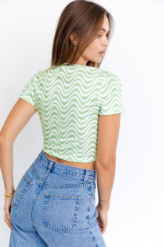 LE LIS | Short Sleeve Front Criss Cross Print Knit Top