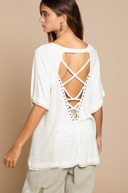 POL | Studded Strappy Back Waffle Mixed Knit Top