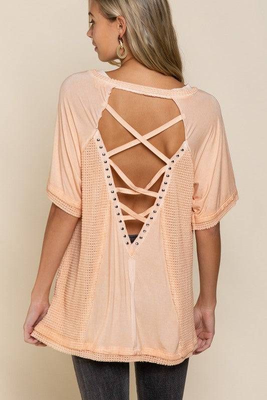 POL | Studded Strappy Back Waffle Mixed Knit Top