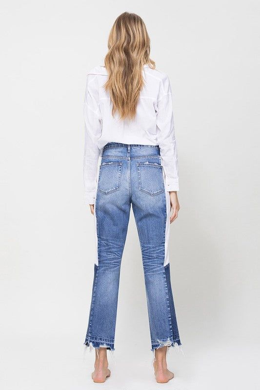 VERVET by Flying Monkey | Super High Rise Straight Crop W Side Blocking Pane Jeans