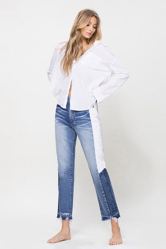 VERVET by Flying Monkey | Super High Rise Straight Crop W Side Blocking Pane Jeans