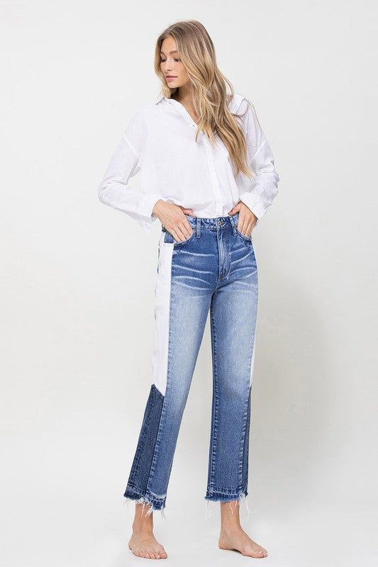 VERVET by Flying Monkey | Super High Rise Straight Crop W Side Blocking Pane Jeans