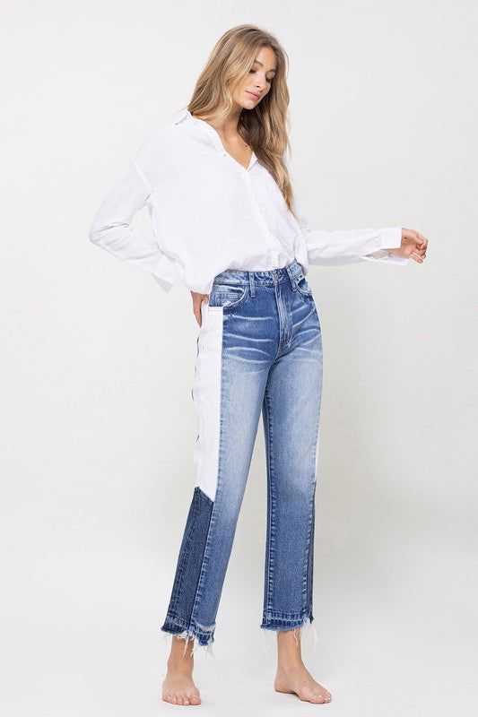 VERVET by Flying Monkey | Super High Rise Straight Crop W Side Blocking Pane Jeans