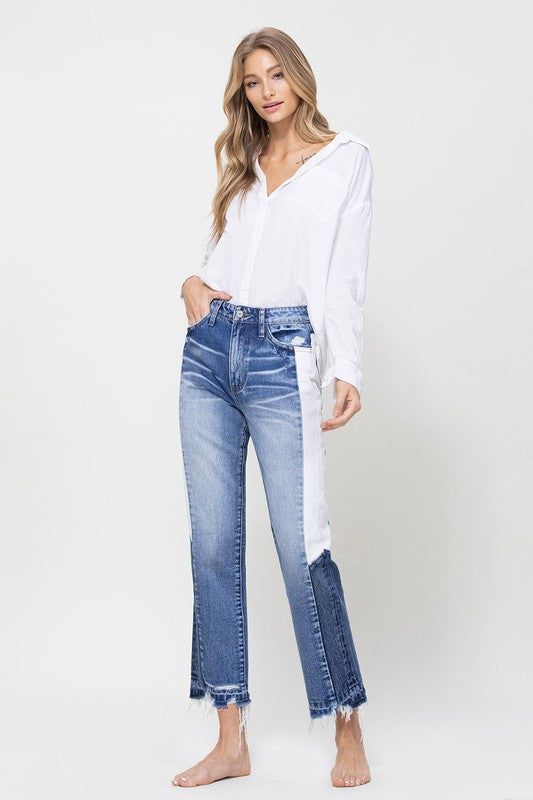 VERVET by Flying Monkey | Super High Rise Straight Crop W Side Blocking Pane Jeans