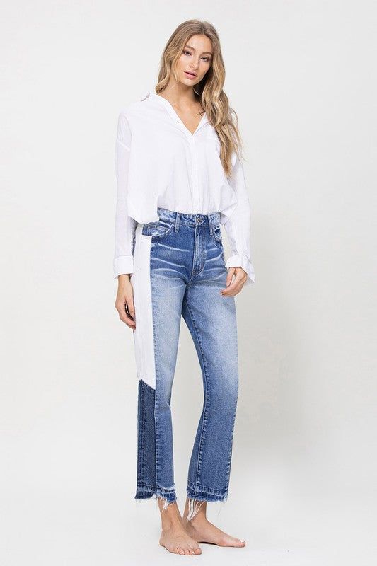 VERVET by Flying Monkey | Super High Rise Straight Crop W Side Blocking Pane Jeans