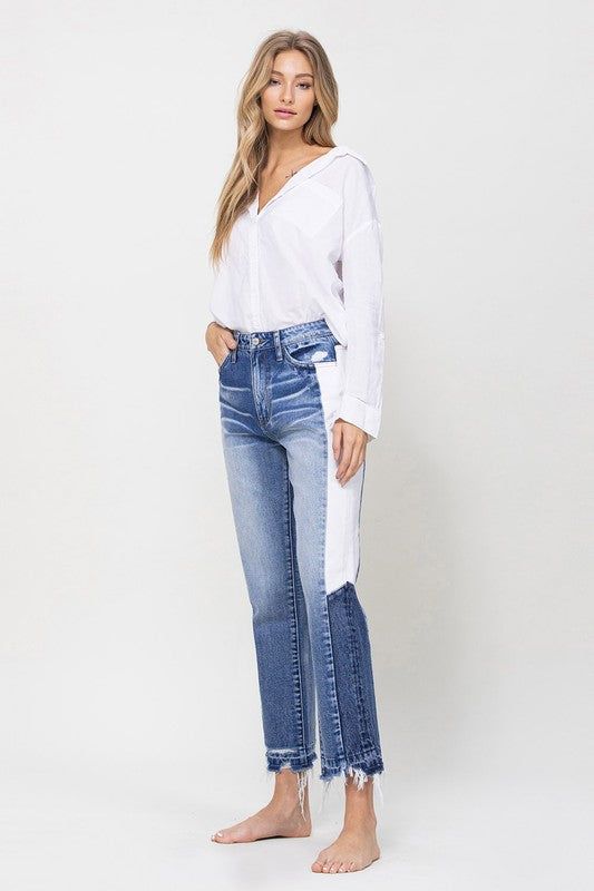 VERVET by Flying Monkey | Super High Rise Straight Crop W Side Blocking Pane Jeans