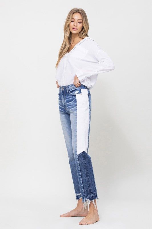 VERVET by Flying Monkey | Super High Rise Straight Crop W Side Blocking Pane Jeans