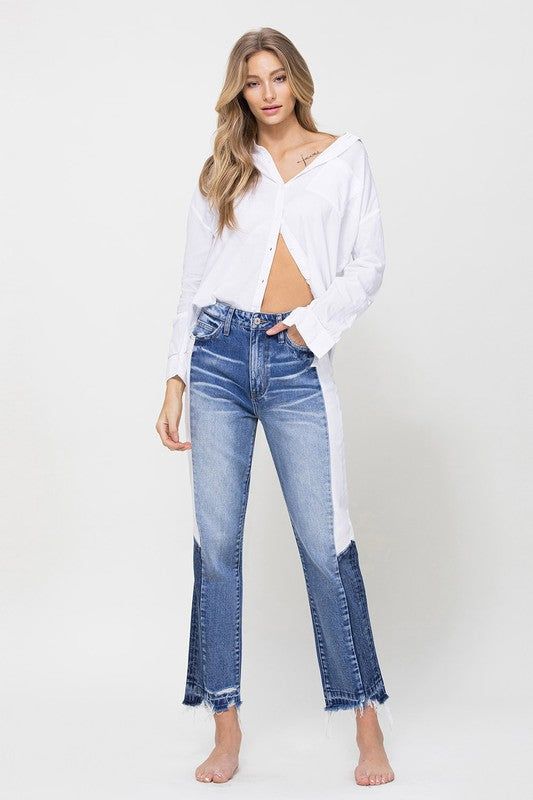 VERVET by Flying Monkey | Super High Rise Straight Crop W Side Blocking Pane Jeans