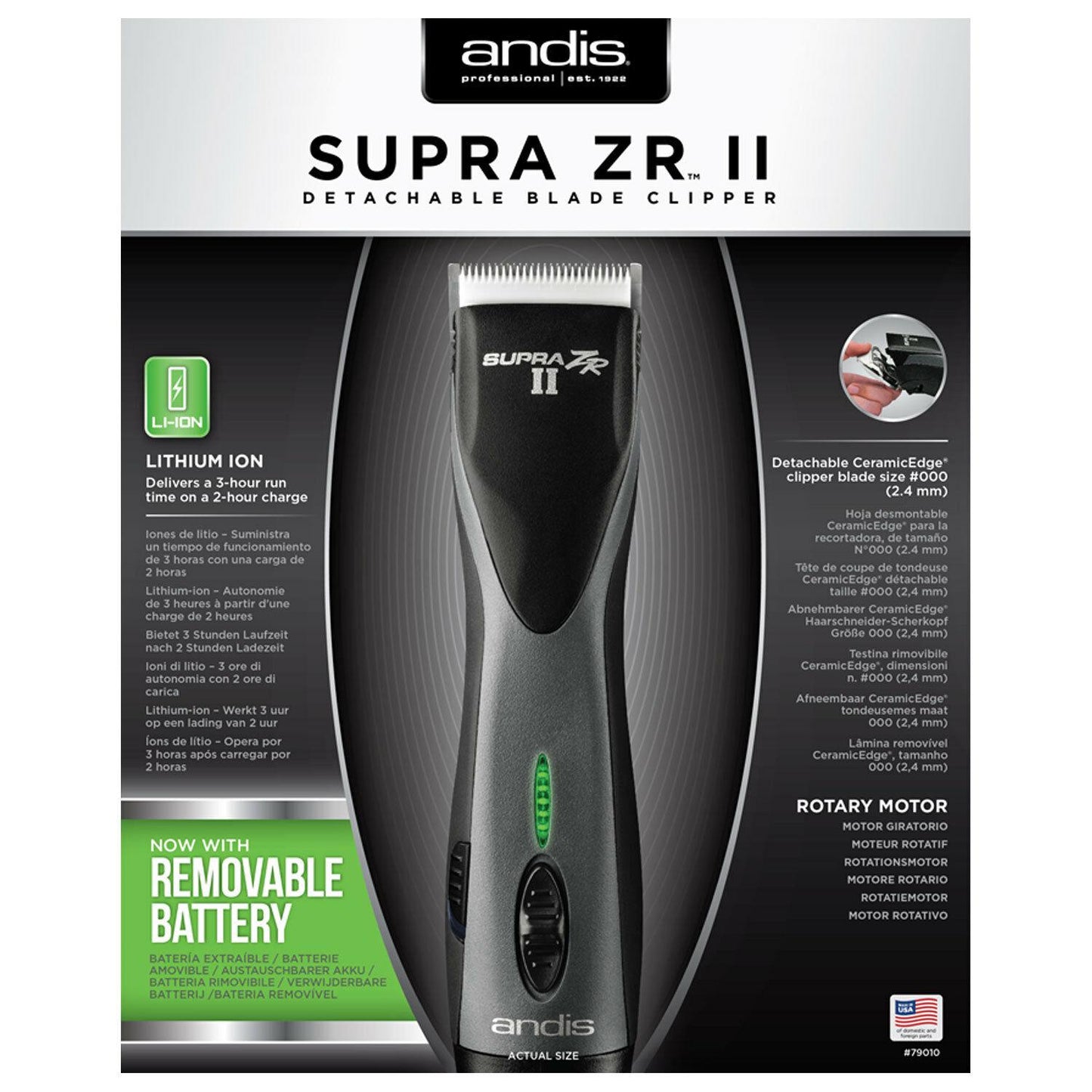 Andis Supra ZR II Cordless Detachable Blade Clipper - Black