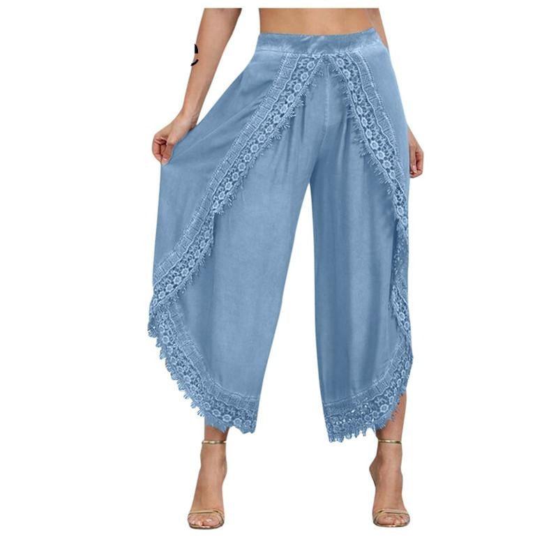 elastic lace crochet wide leg pants