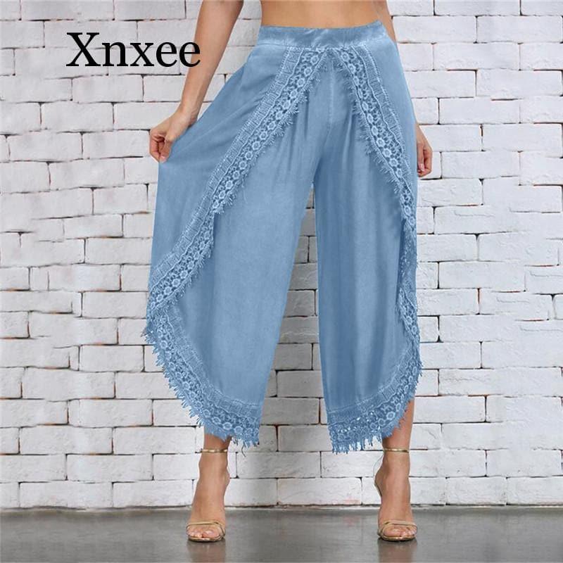 elastic lace crochet wide leg pants