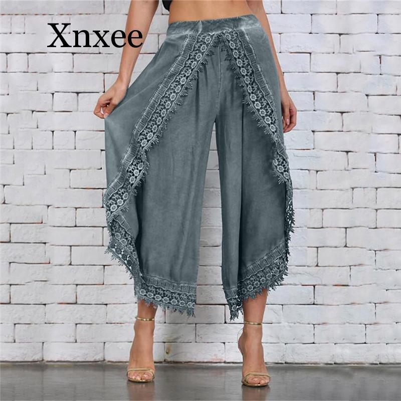 elastic lace crochet wide leg pants