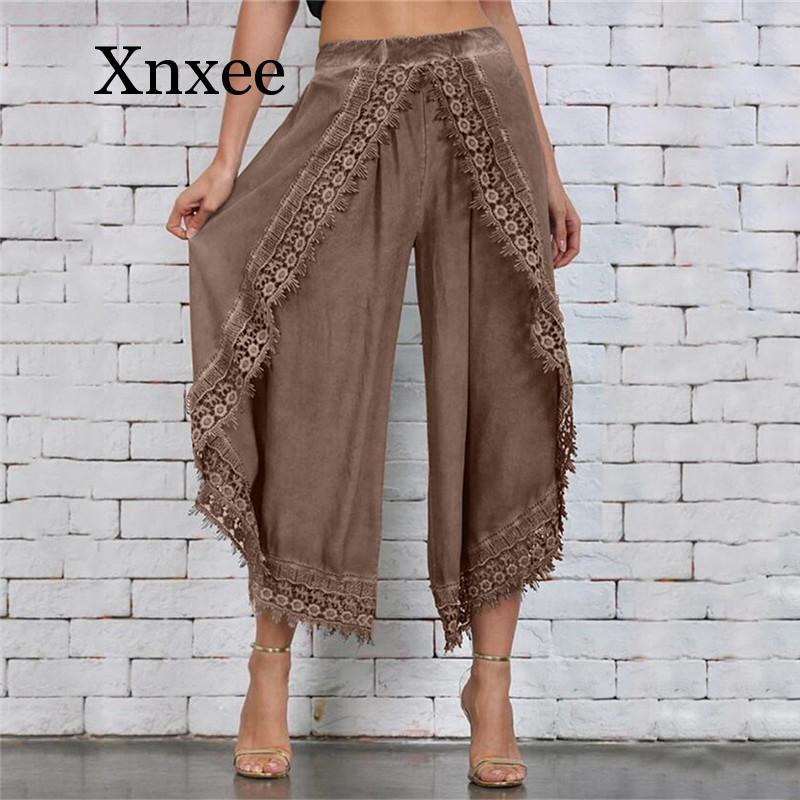 elastic lace crochet wide leg pants