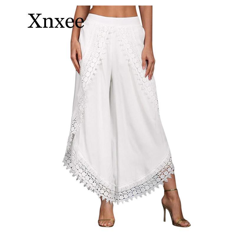 elastic lace crochet wide leg pants