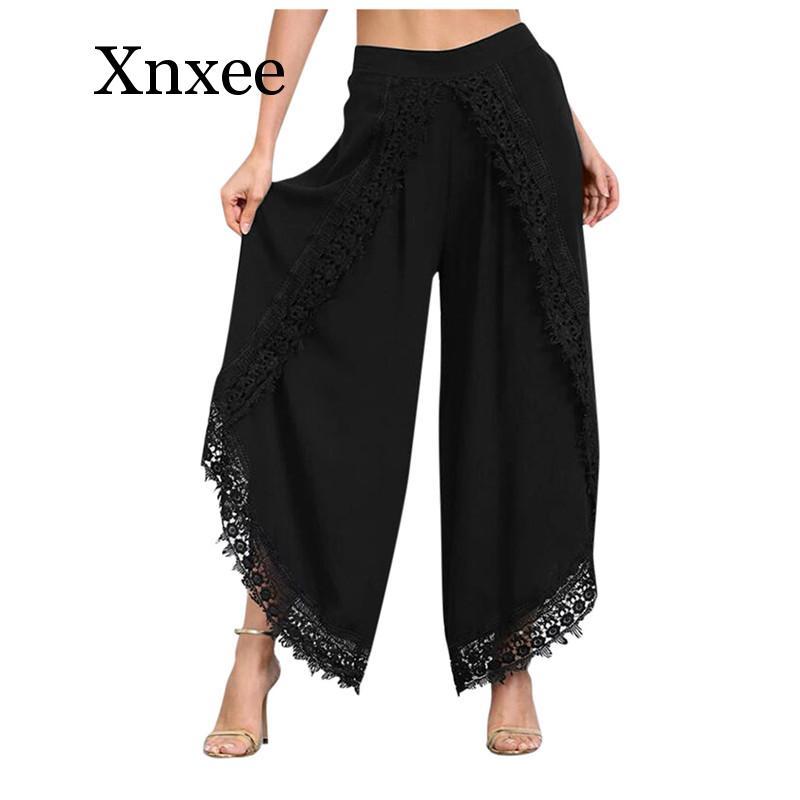 elastic lace crochet wide leg pants