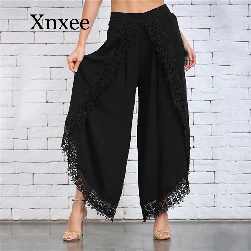 elastic lace crochet wide leg pants