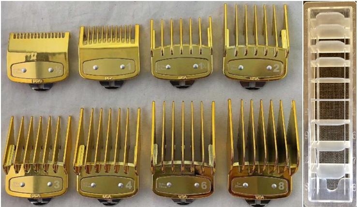 Gold Hair Clipper Guides Combs Guards 8 pcs Metal Clip / Holder Included NEW!