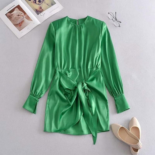 elegant long sleeve knot wrap evening mini dress