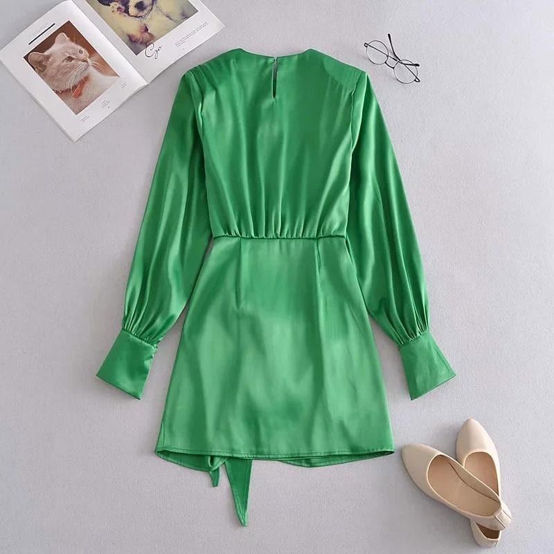 elegant long sleeve knot wrap evening mini dress