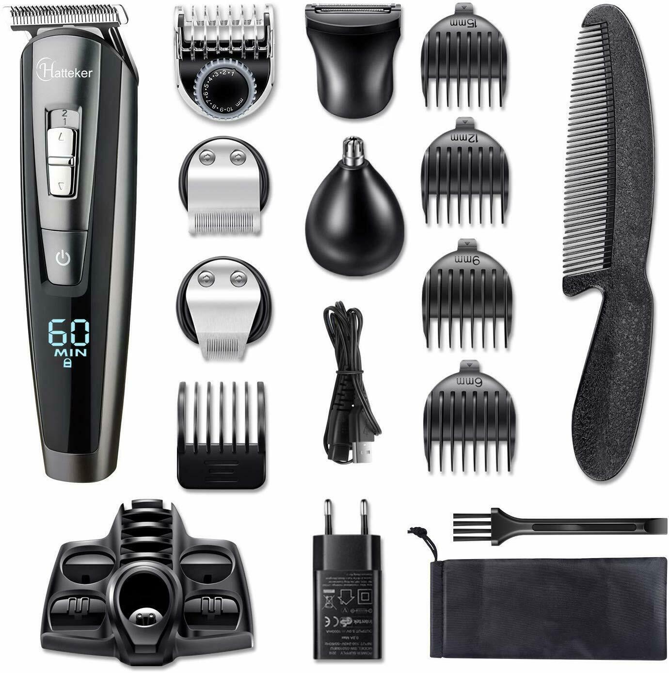 Hatteker Barber Electric Trimmer Professional Mens Rechargeable 12 Accessory