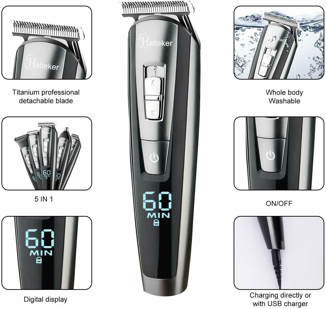 Hatteker Barber Electric Trimmer Professional Mens Rechargeable 12 Accessory