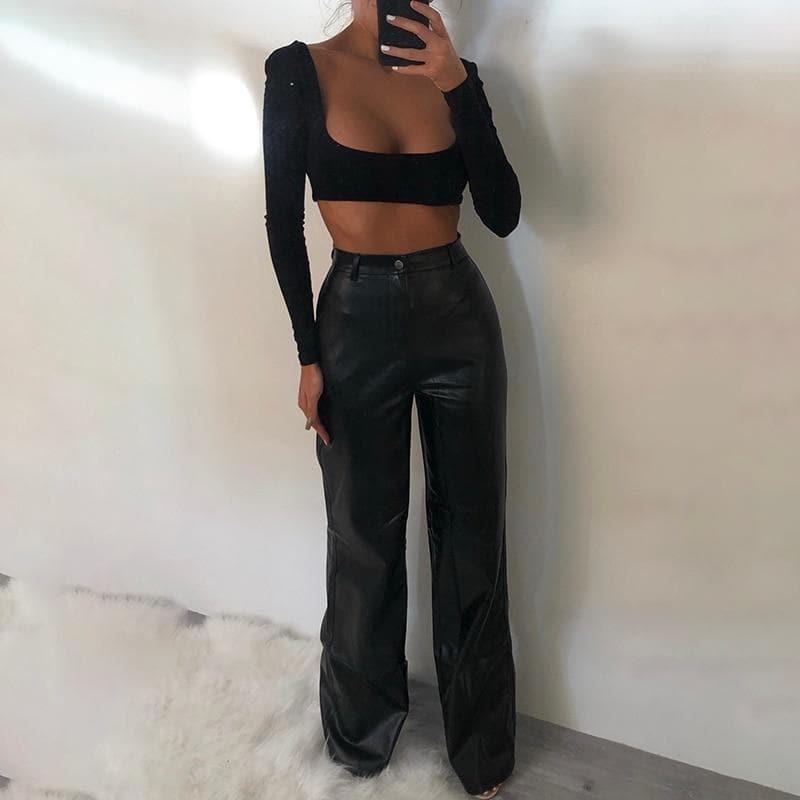 faux leather loose wide pants